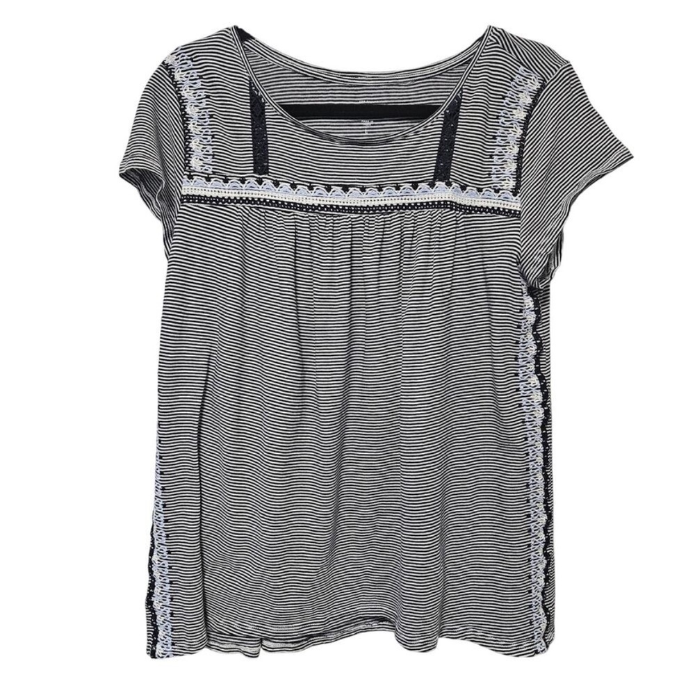 Ann Taylor Loft Top Size L Navy Blue and White Stripe Embroidered Flowy